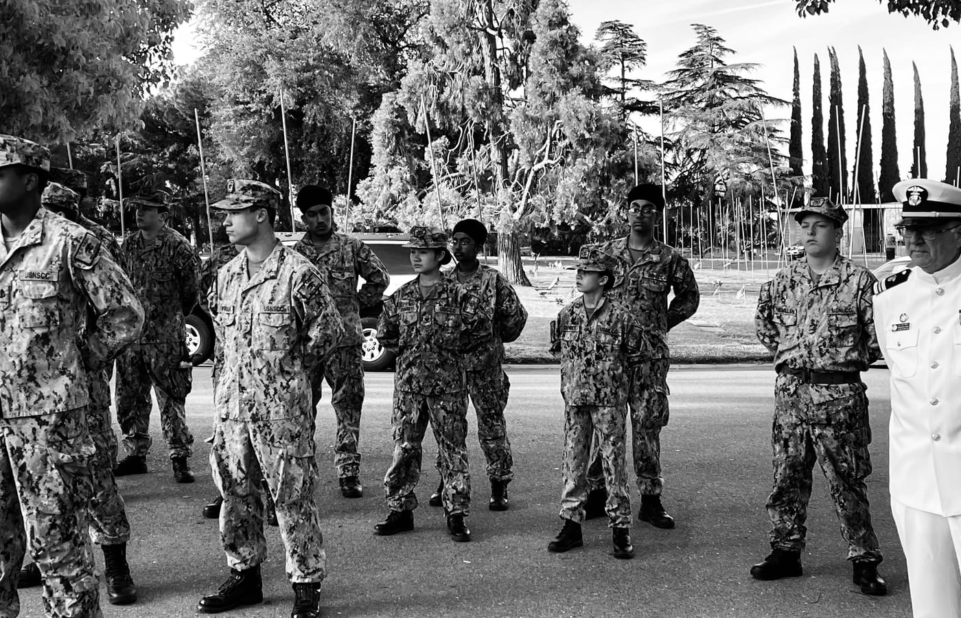 Cadets marching in step during a drill practice